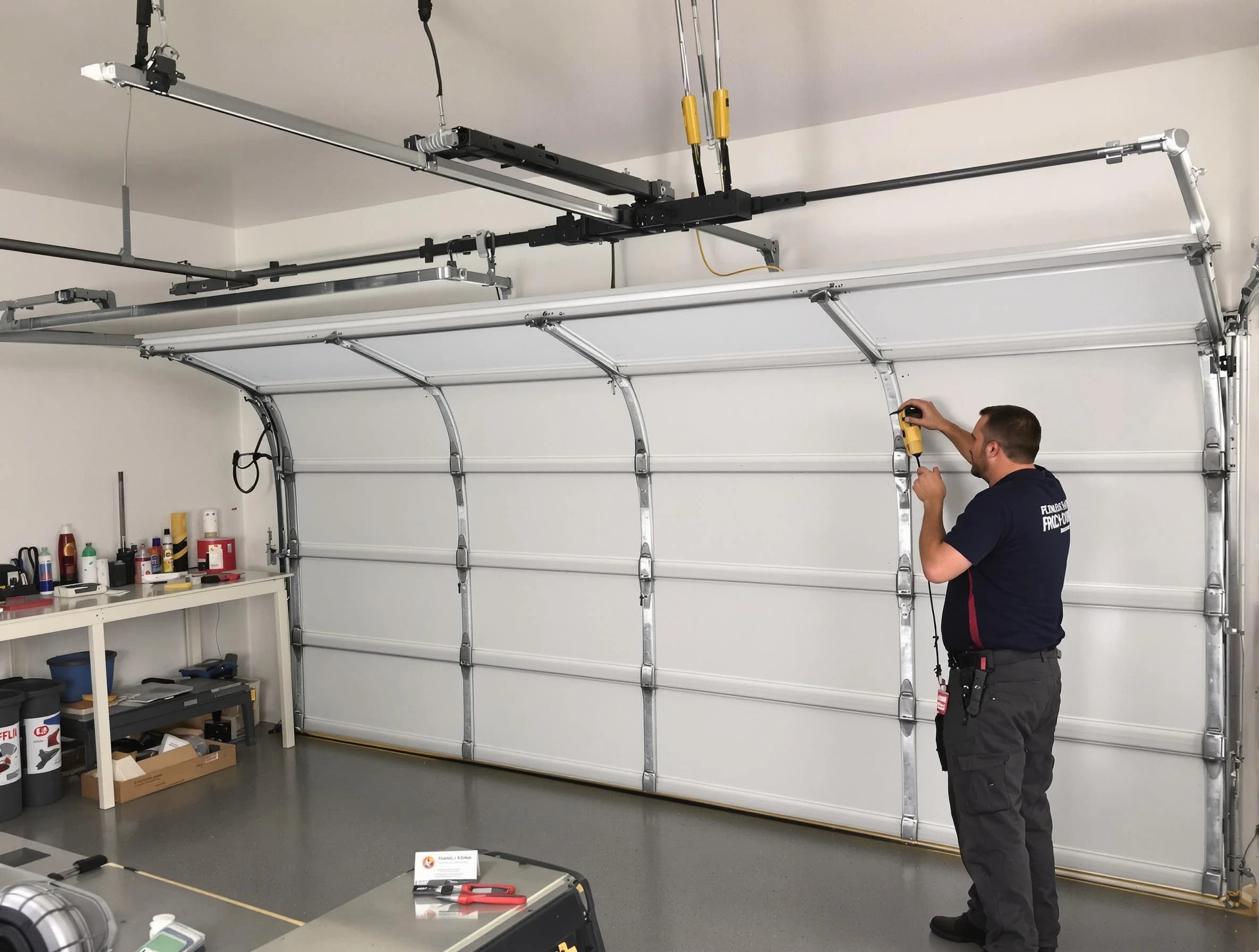 Paramus Garage Door Repair certified technician performing overhead door system repair in Paramus