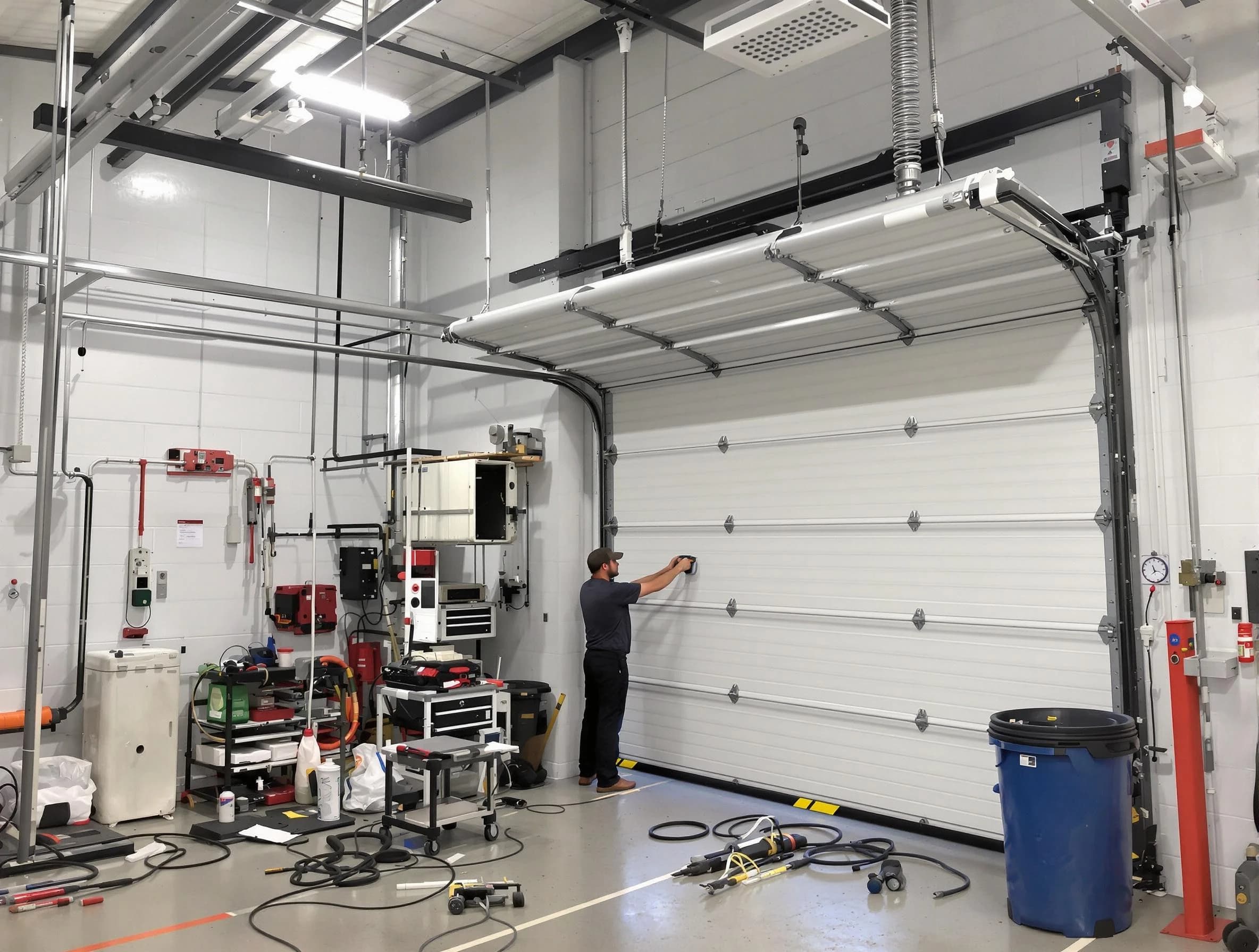 Paramus Garage Door Repair certified technician performing commercial door repair at a Paramus business facility
