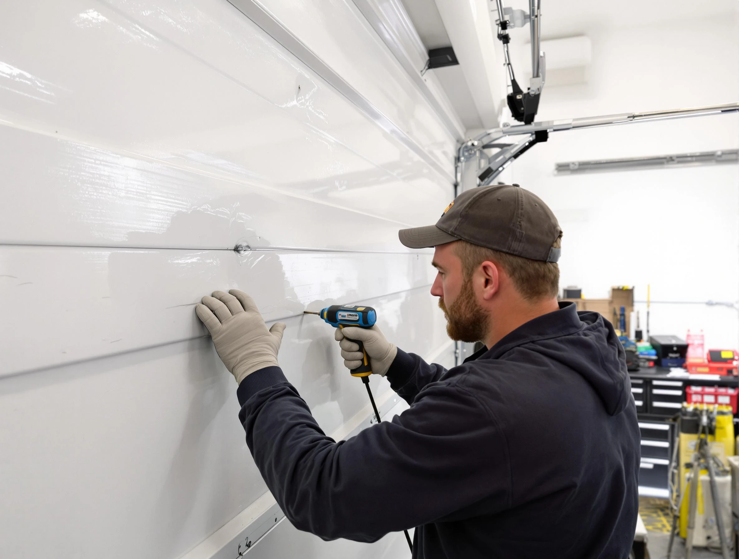 Paramus Garage Door Repair technician demonstrating precision dent removal techniques on a Paramus garage door