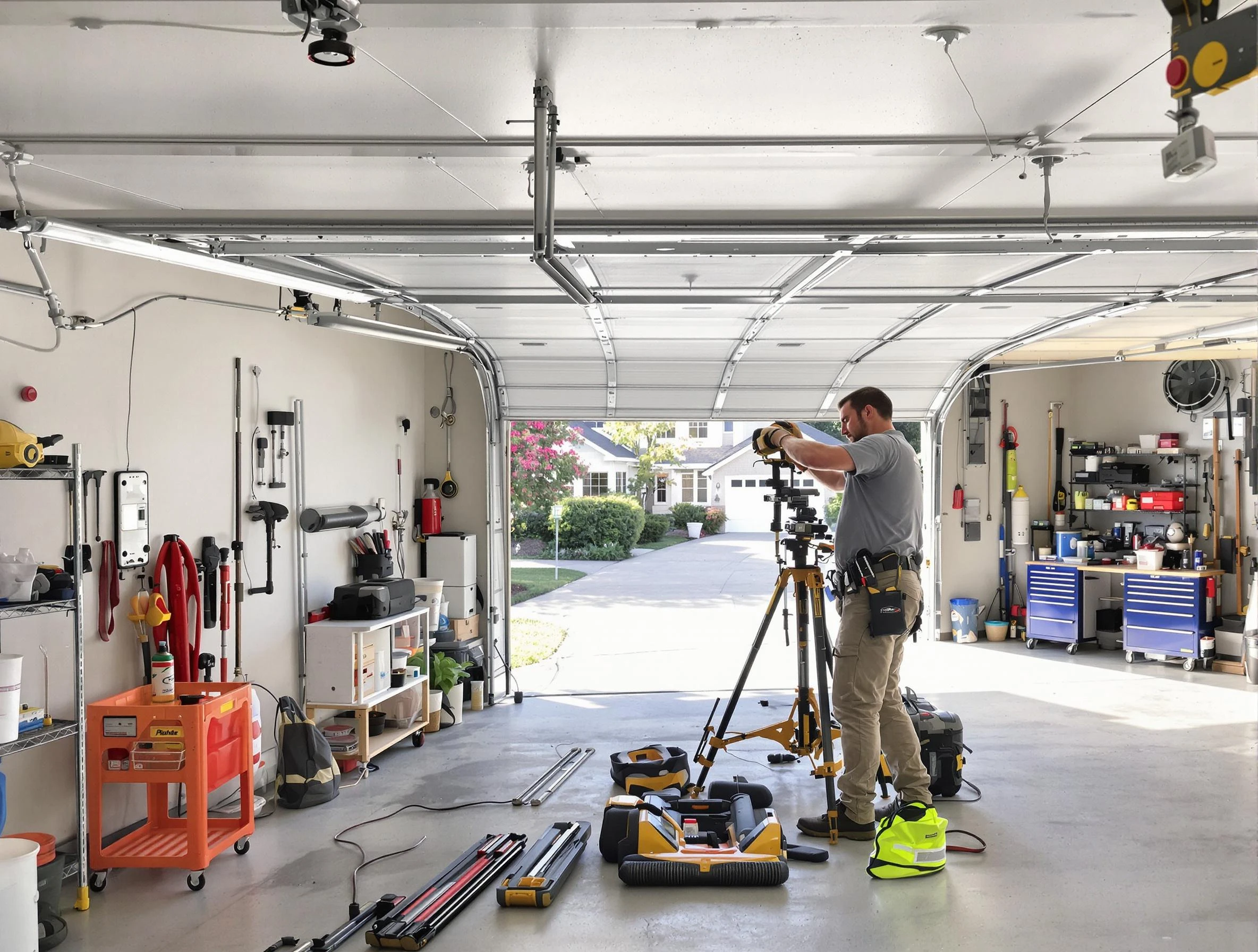 Paramus Garage Door Repair specialist performing laser-guided track alignment in Paramus